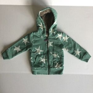 Mini Boden Toddlers Green Zippered Shaggy-Lined Hoodie with White Stars Logo
